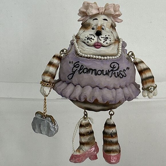 Unbranded Other - Glamour Puss Resin Cat Shelf Sitter Pearls Metal Joined Hands Legs 6" Tutu Purse